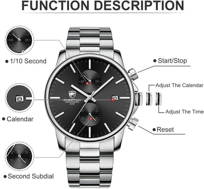 HOTGOLDEN HOUR Fashion Business Mens Watches with Stainless Steel Waterproof Chronograph Quartz Watch for Men, Auto Date