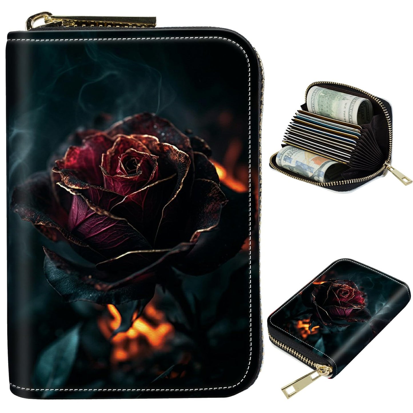 HOTCute Credit Card Holder with Zipper, Crow Skull RFID-Blocking Card Case Small Wallet for Women Men, Multi-slot Card Organizer Case Travel Accordion Wallet
