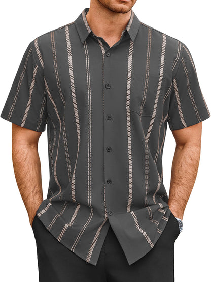 HOTHardaddy Men's Casual Striped Shirts Button Down Short Sleeve Blouse Summer Hawaiian Shirt