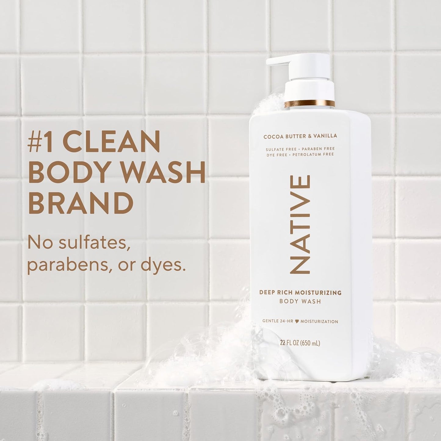 HOTNative Moisturizing Body Wash, Clean & Gentle 24-Hour Hydration with Shea Butter, for Sensitive and Dry Skin, for Women & Men, Sulfate-free, Paraben-free, Cocoa Butter & Vanilla, 22 fl oz