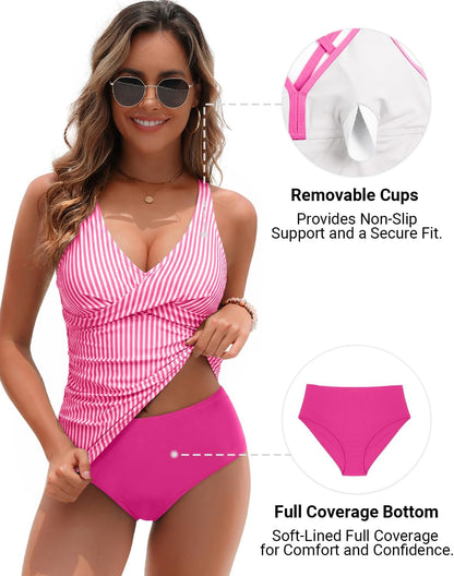 HOTYonique Tankini Swimsuits for Women Tummy Control Bathing Suits Two Piece Tankini Tops with Bikini Bottoms Twist Swimwear