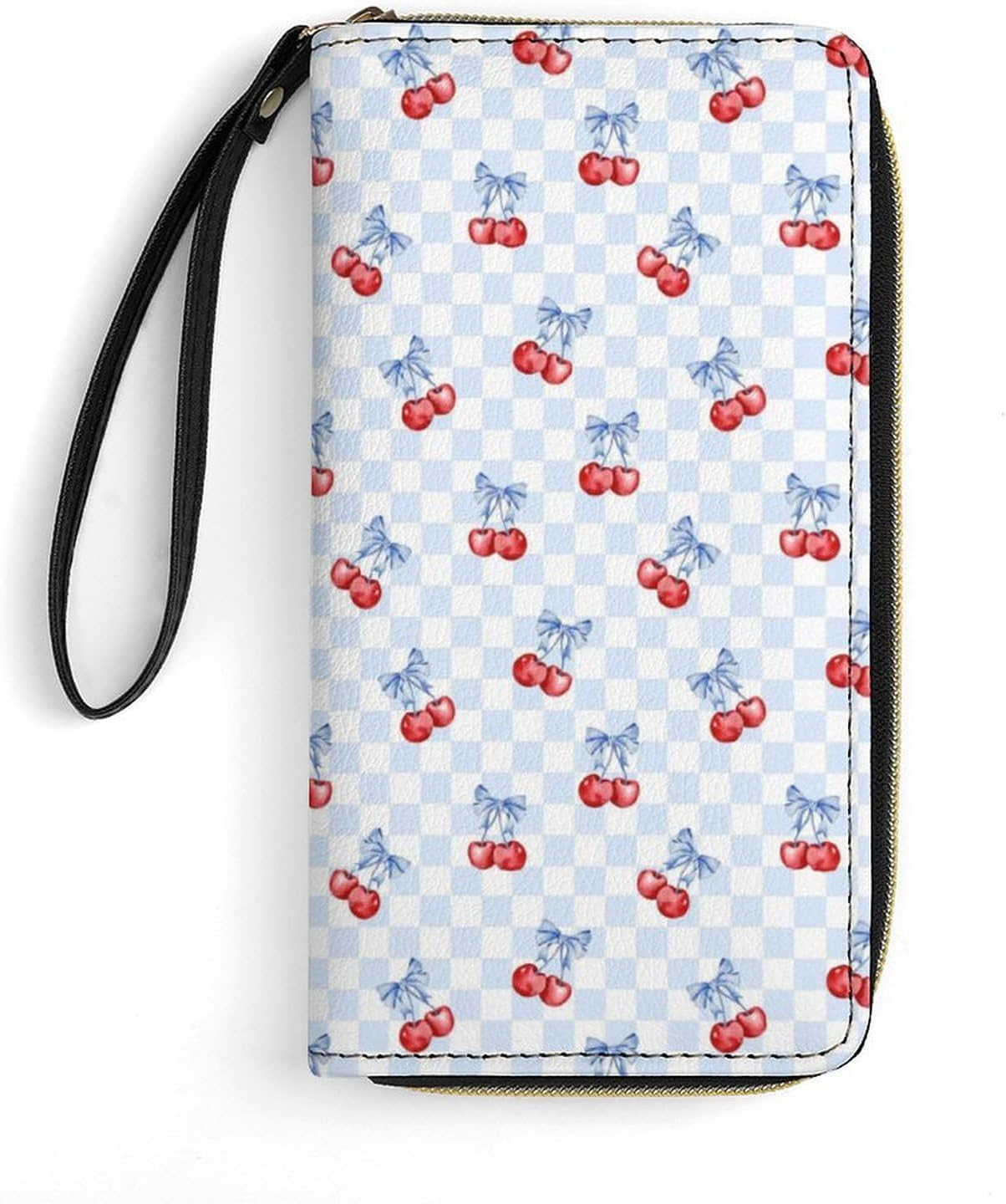 HOTCherry Bow Blue White Checkered Leather Wallet for Women Mens Clutch Purse Large Capacity Wristlet Wallets for Cash Coin Smart Phone Ladies Gift