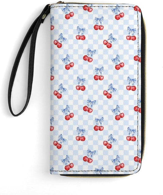 HOTCherry Bow Blue White Checkered Leather Wallet for Women Mens Clutch Purse Large Capacity Wristlet Wallets for Cash Coin Smart Phone Ladies Gift