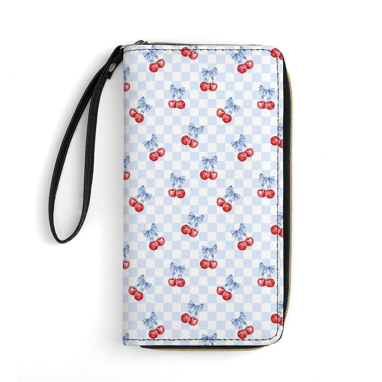 HOTCherry Bow Blue White Checkered Leather Wallet for Women Mens Clutch Purse Large Capacity Wristlet Wallets for Cash Coin Smart Phone Ladies Gift