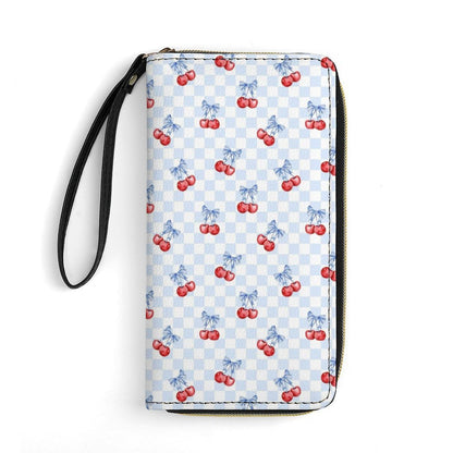 HOTCherry Bow Blue White Checkered Leather Wallet for Women Mens Clutch Purse Large Capacity Wristlet Wallets for Cash Coin Smart Phone Ladies Gift