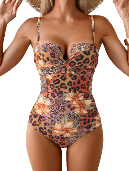 HOTEomenie Women's Push Up Wrap Front Swimsuit One Piece Slimming Bathing Suit | Ruched Tummy Control, Bandeau Strapless with Detachable Strap, Cutout Twist ,Tie Back, Support Bra Swimwear Beach Swimming