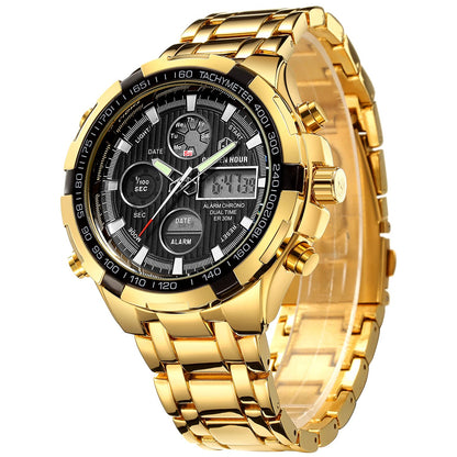 HOTGOLDEN HOUR Luxury Stainless Steel Analog Digital Watches for Men Male Outdoor Sport Waterproof Big Heavy Wristwatch