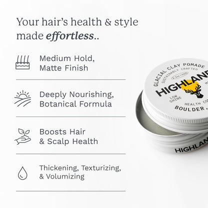 HOTHighland Glacial Hair Clay Pomade - Award winning hair styling clay for men and women made with 100% all natural and organic ingredients that promote hair and scalp health. Low shine, Medium Hold.