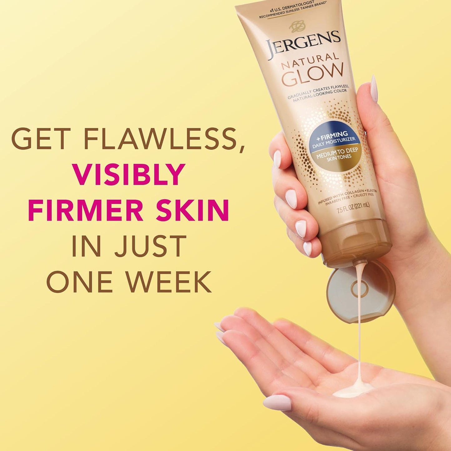 HOTJergens Natural Glow + Firming Daily Moisturizer Medium to Tan Skin Tones 7.5oz | Gradual Sunless Tanner, Collagen and Elastin, Firms Skin, Reduces Cellulite, Daily Moisturizer, Medium to Deep Skin Tone