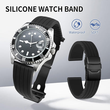 HOTSilicone Watch Strap Replacement Rubber Watch Band Waterproof Stripe Pattern - 14mm, 16mm, 18mm, 20mm, 22mm, 24mm Watch Bracelet with Stainless Steel Deployment Black Buckle