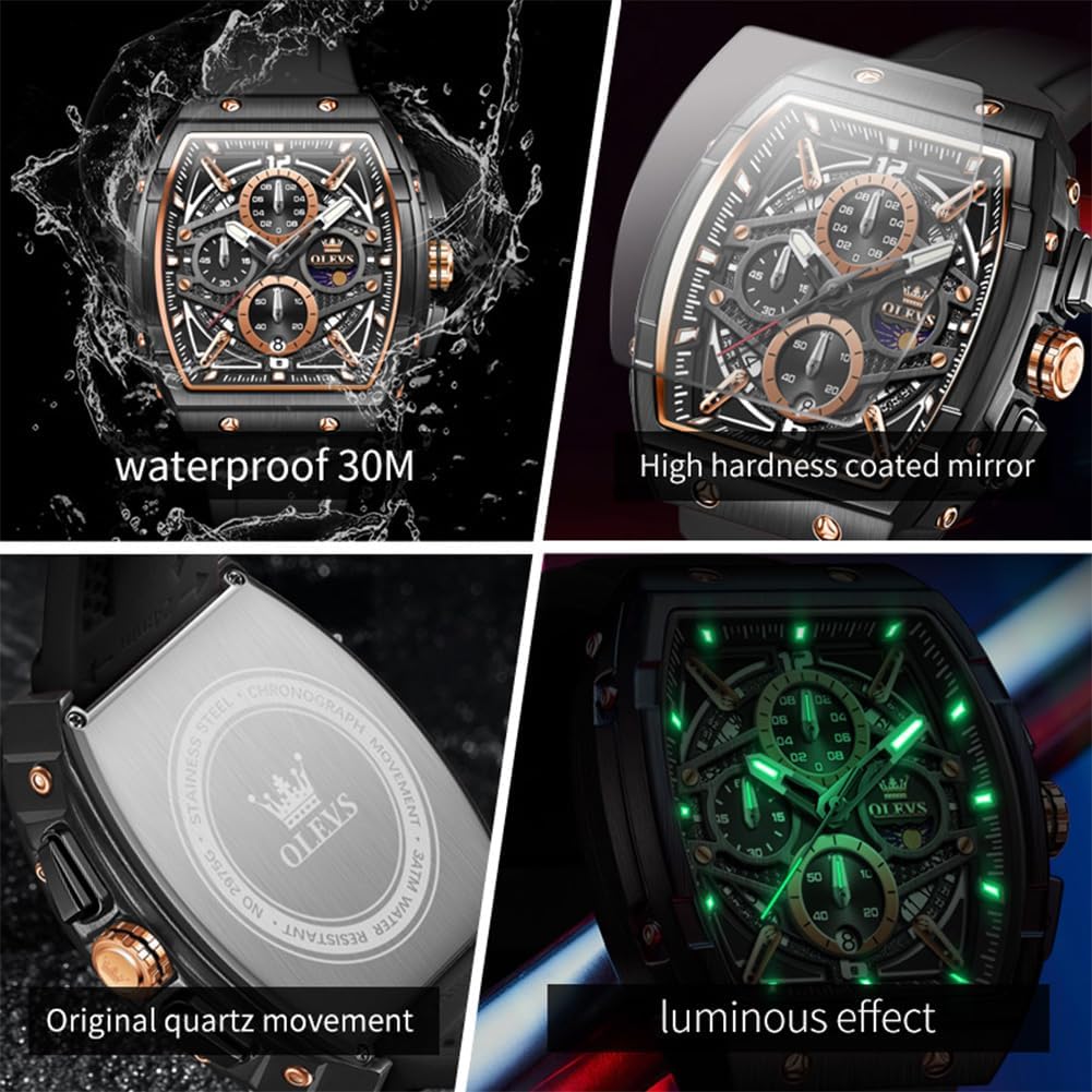 HOTOLEVS Men Watches Business Dress Chronograph Big Square Quartz Analog Male Watch Silicone Strap Waterproof Date Gift Mens Wrsit Watch Silver