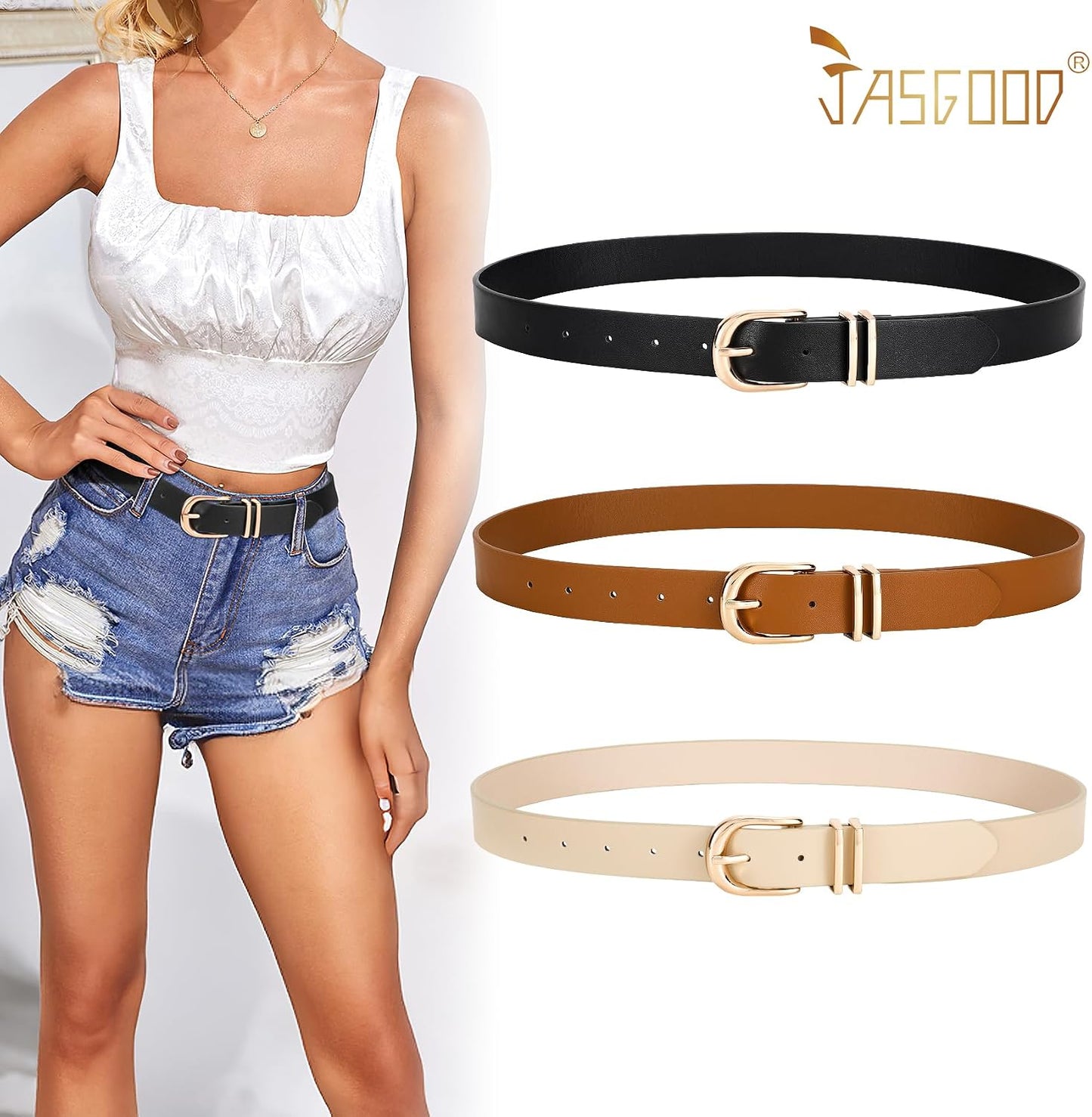 HOTJASGOOD 3 Pack Women Leather Belts For Jeans Dresses Pants Ladies Faux Leather Waist Belt with Gold Buckle