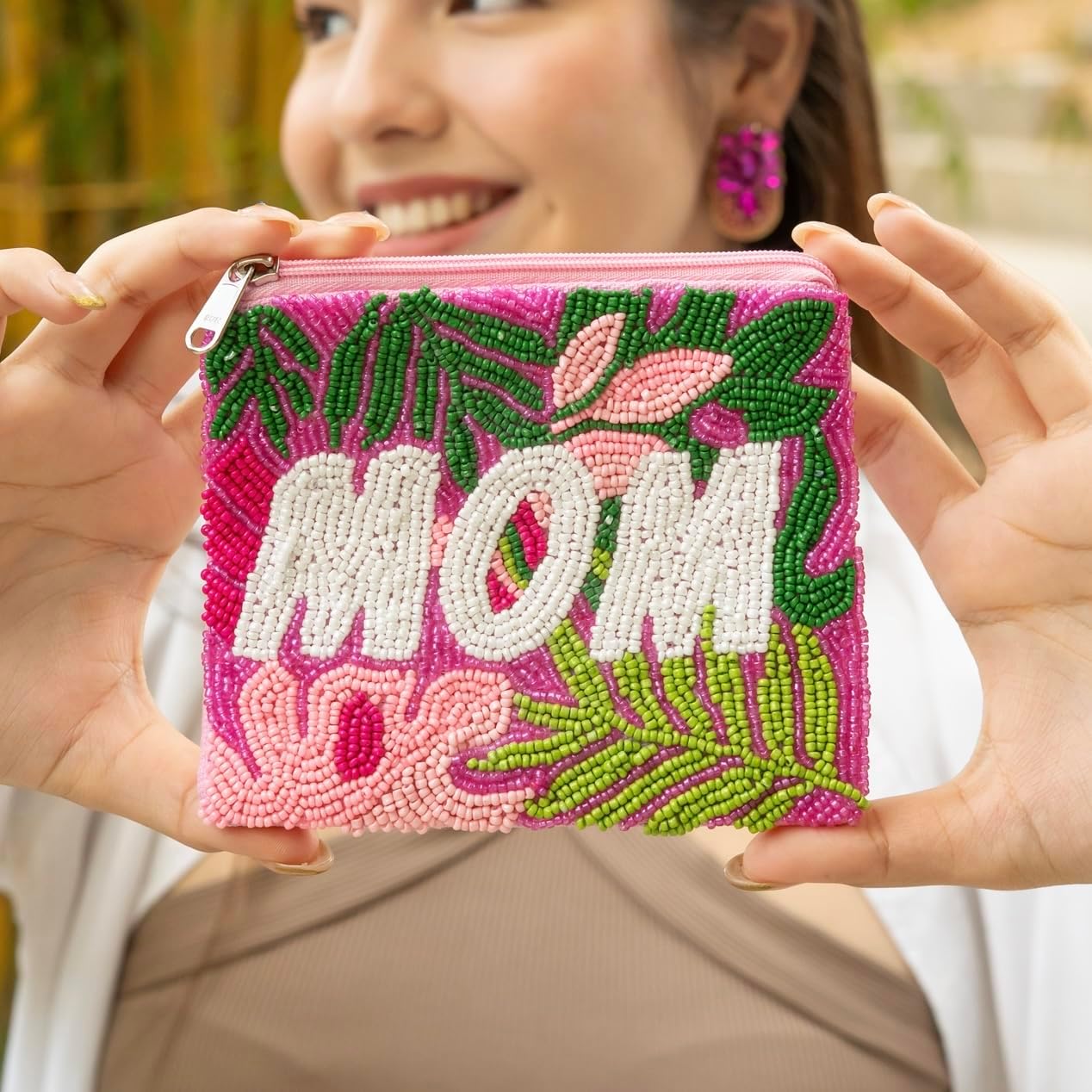 HOTMOM Beaded Coin Pouch Purse, Gifts for Mom, Beaded Pouch Small Wallets Mother's Day Gifts, Tropical Beaded Purse