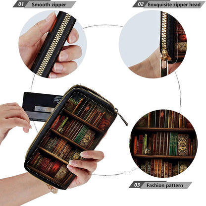 HOTWomen Wallets,Large Capacity Clutch Purse for Women Ladie Men Wallet Clearance Credit Card Holder PU Leather Handbag Clutch Purse-Vintage Bookshelf