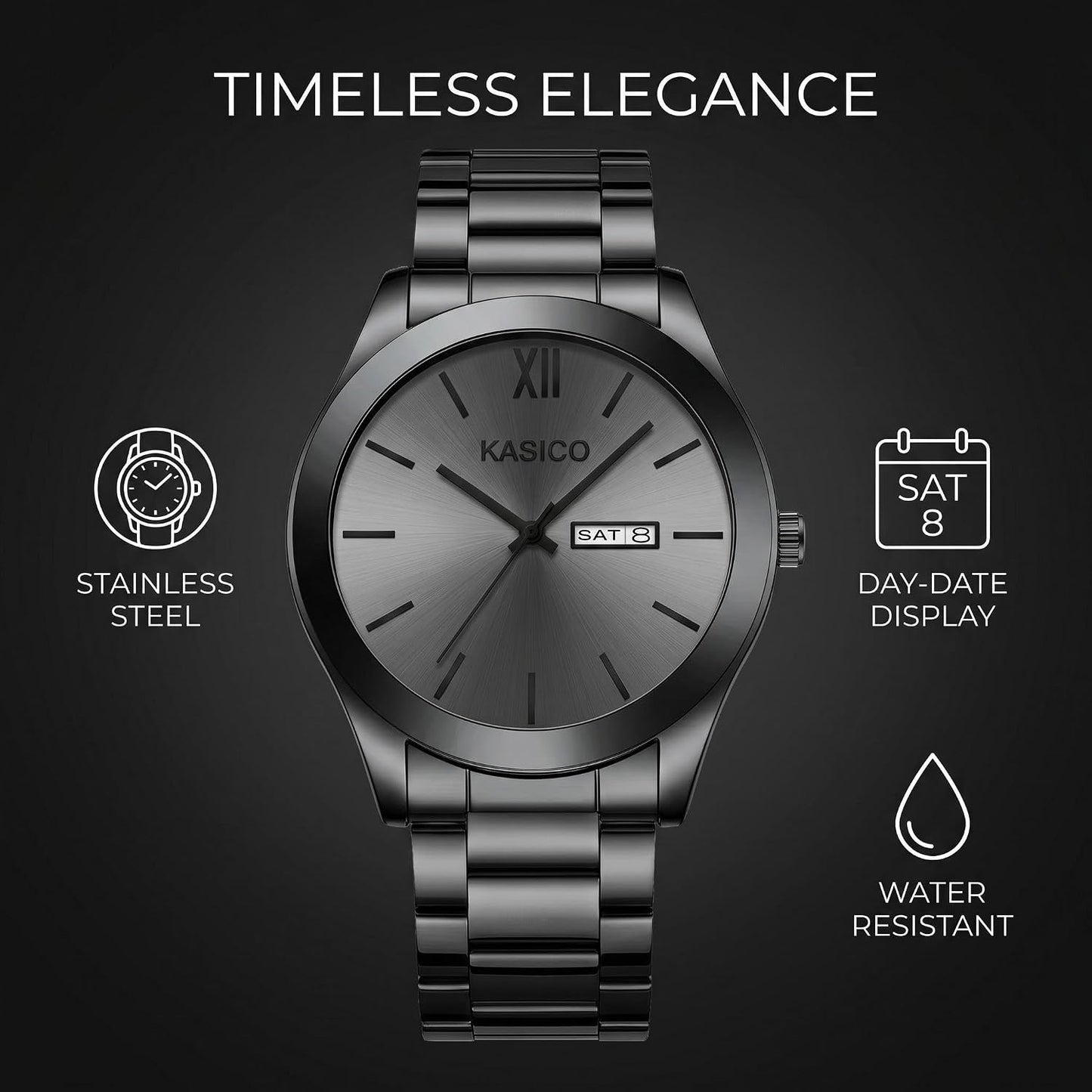 HOTKASICO Men's Watches Analog Dress Watch Minimalist Casual Classic Relojes para Hombres with Day-Date Display Stainless Steel Band Gift for Him (Black Gold Silver Blue)