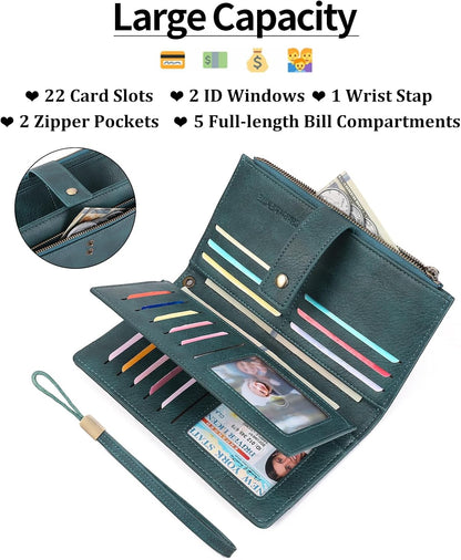 HOTGOIACII Wallet for Women RFID Blocking Card Holder Large Capacity Trifold Leather Wristlet Wallets Teal