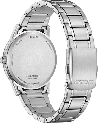 HOTCITIZEN Men's Eco-Drive Dress Classic Watch, Silver-Tone Stainless Steel Bracelet, Ivory Dial, 3 Hand, Day/Date (Model: AW0100-86B)