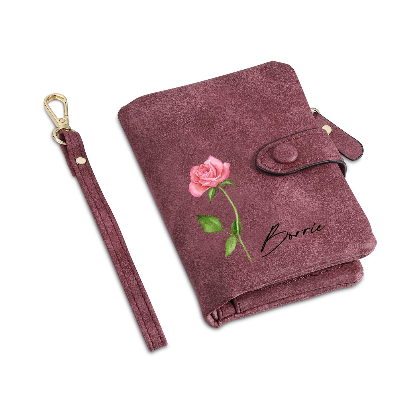 HOTPersonalized Custom Wallet with Birth Flower & Name for Women Mom Credit Card Wallet With Wrist Strap Birthday Gifts for Mothers Day (Pink)