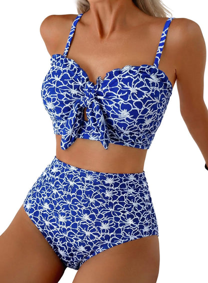 HOTHerseas Women's Seashell Textured Bikini Sets Knotted Front 2 Piece Swimsuits Ruffle Trim Bathing Suits