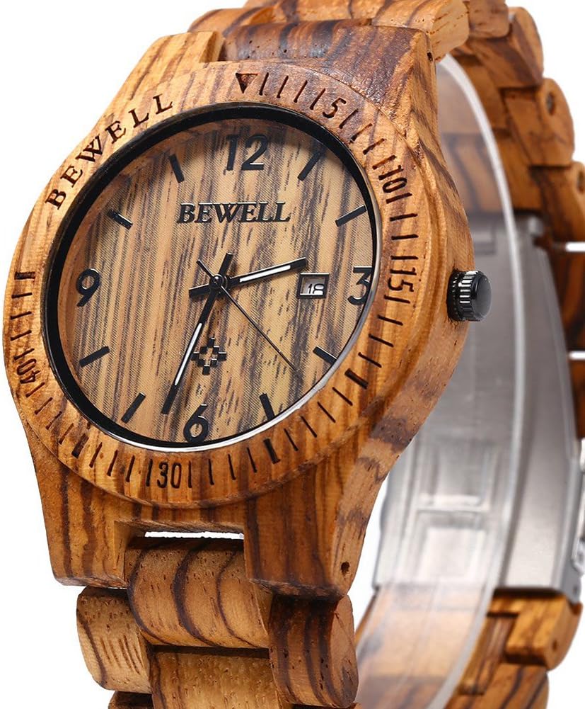 HOTBEWELL ZS-W086B Wooden Watch Men Gifts Handmade Date Display Quartz Movement Analog Lightweight Wood Wrist Watches