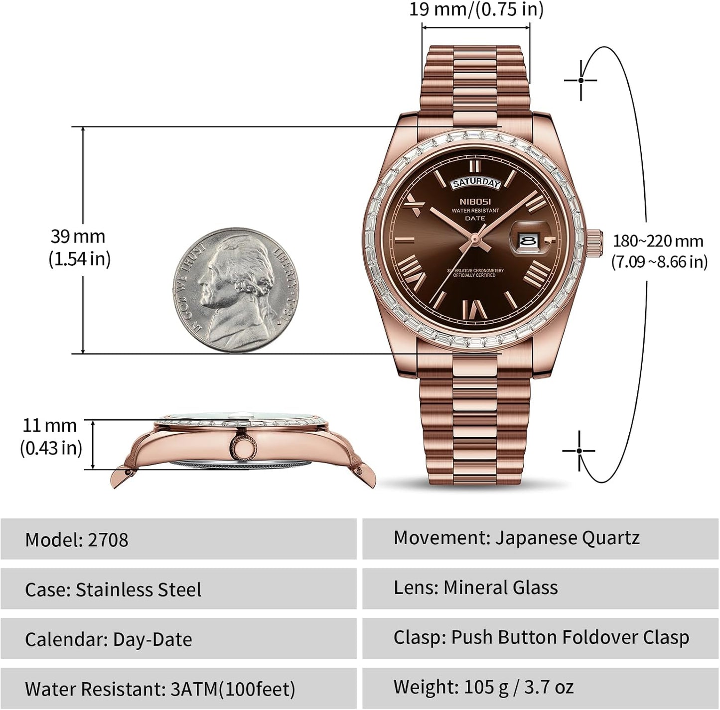 HOTNIBOSI Men's Watches Analog Quartz Diamond Bezel Stainless Steel Dial Rose Gold Silver Watches for Men Waterproof Business Classic Dress Wrist Watch with Day Date