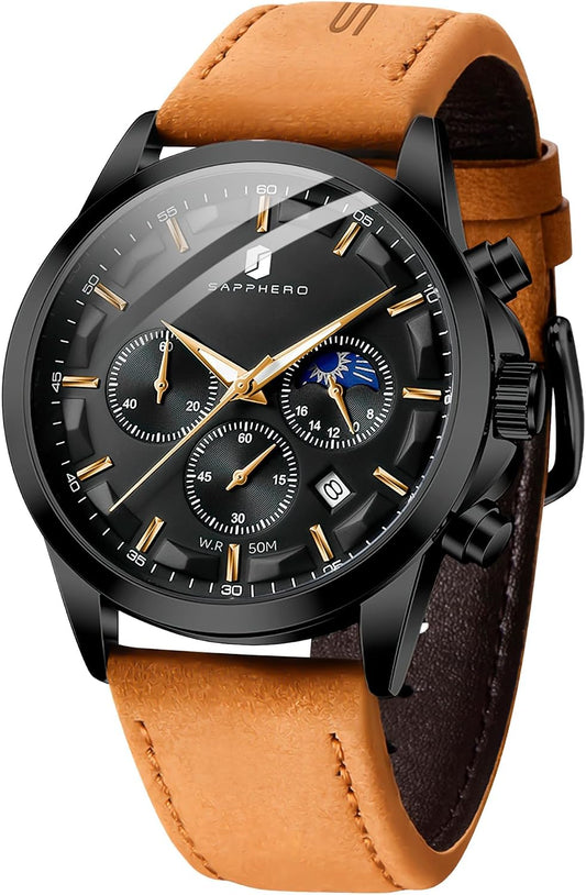 HOTSAPPHERO Men's Watches Stainless Steel Chronograph Waterproof Quartz-Business Casual Dress Watch for Men Luminous Date Gold/Silver/Black Design-Easy-to-Read Luxury Dial-Leather Unique Elegant Gift