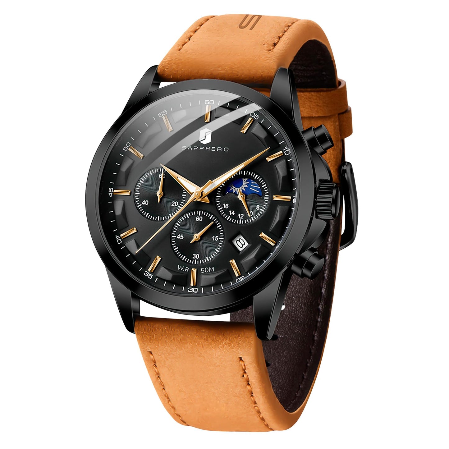 HOTSAPPHERO Men's Watches Stainless Steel Chronograph Waterproof Quartz-Business Casual Dress Watch for Men Luminous Date Gold/Silver/Black Design-Easy-to-Read Luxury Dial-Leather Unique Elegant Gift
