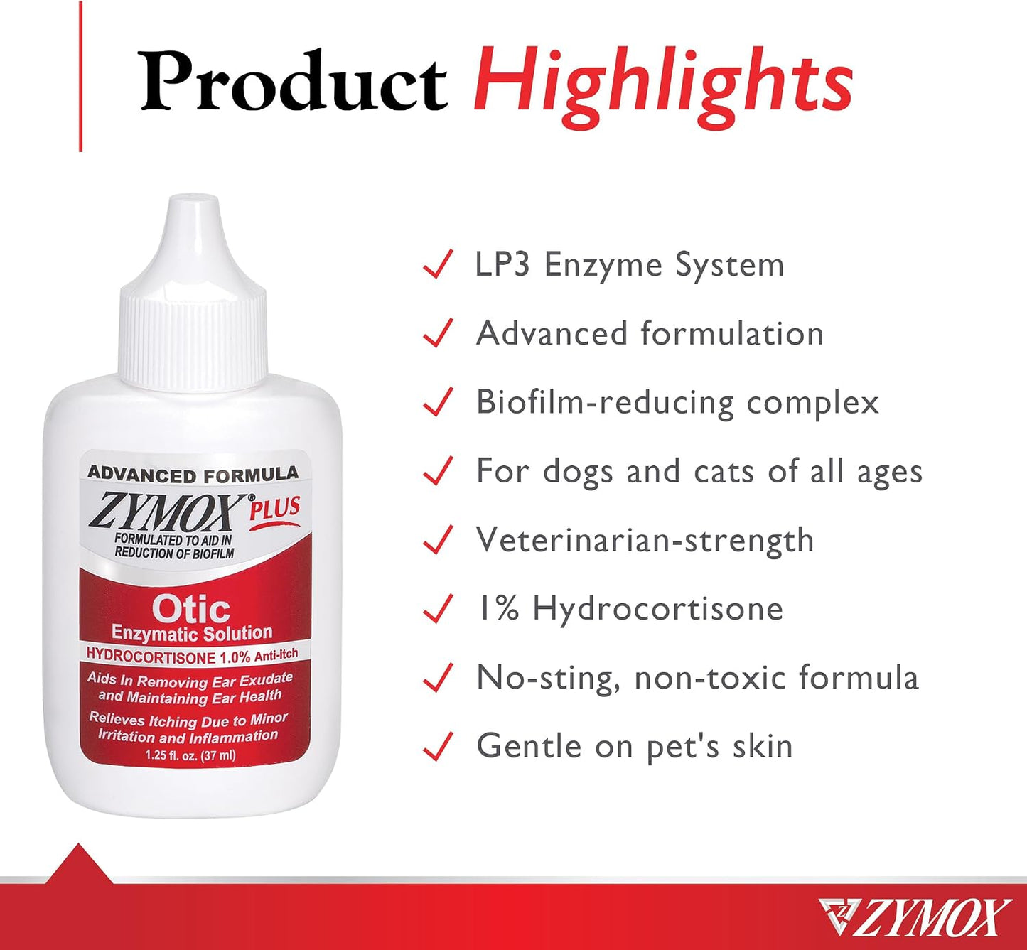 HOTZymox Advanced Formula Otic Plus Enzymatic Ear Solution for Dogs and Cats | with 1% Hydrocortisone, 1.25oz