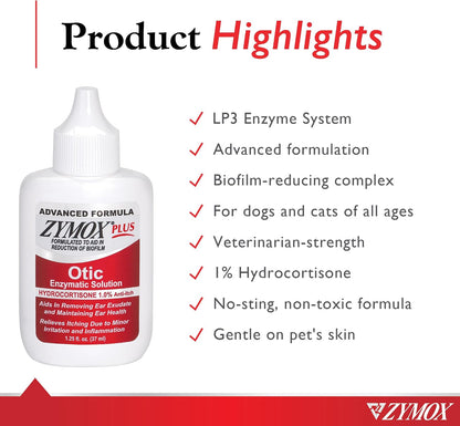 HOTZymox Advanced Formula Otic Plus Enzymatic Ear Solution for Dogs and Cats | with 1% Hydrocortisone, 1.25oz