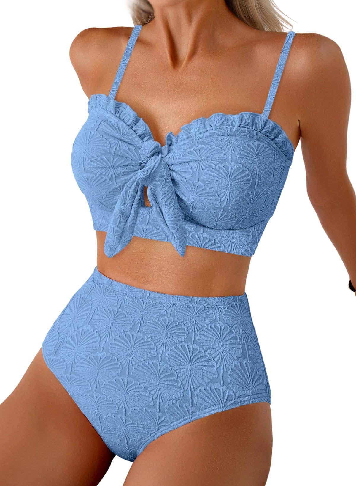 HOTHerseas Women's Seashell Textured Bikini Sets Knotted Front 2 Piece Swimsuits Ruffle Trim Bathing Suits