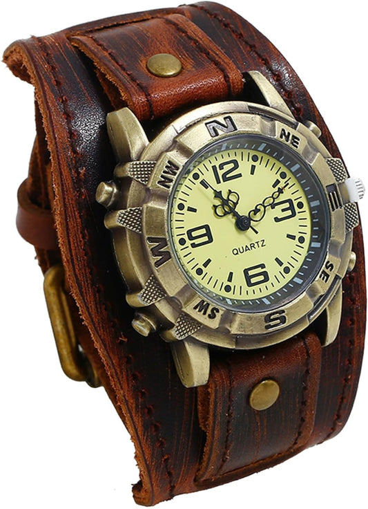 HOTAvaner Men's Vintage Leather Watches: Retro Punk Wide Band Cuff Steampunk Analog Quartz Wrist Watch