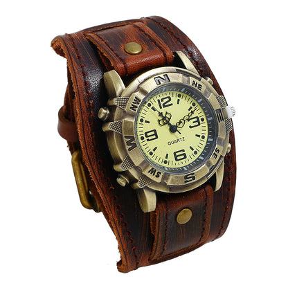 HOTAvaner Men's Vintage Leather Watches: Retro Punk Wide Band Cuff Steampunk Analog Quartz Wrist Watch