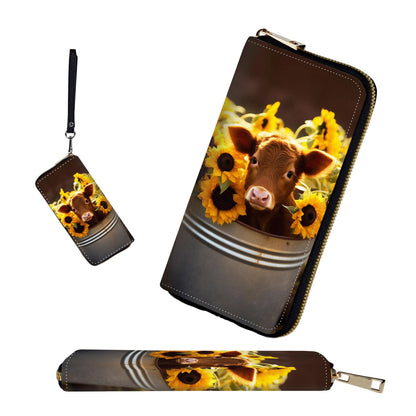 HOTRFID-Blocking Zip Around Wallets for Women with Detachable Wrist Strap,Large Capacity Phone Holder with Card Organizer & Coin Pocket,Brown Highland Cow