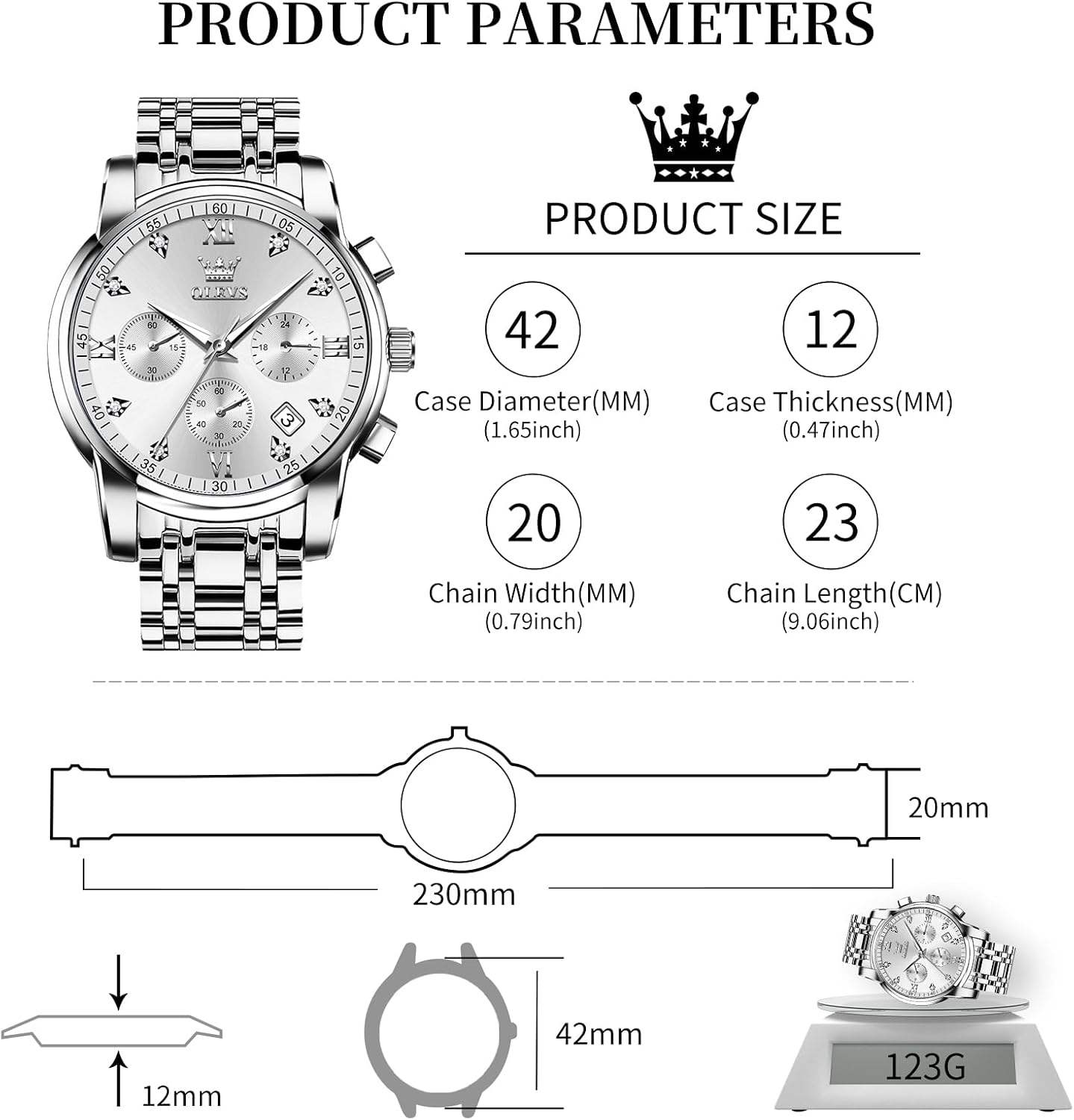 HOTOLEVS Men's Stainless Steel Chronograph Watch, Big Face Gold Silver Black Tone Easy to Read Analog Quartz Watch, Luxury Waterproof Date Diamond Roman Arabic Numerals Dial Dress Watch for Men