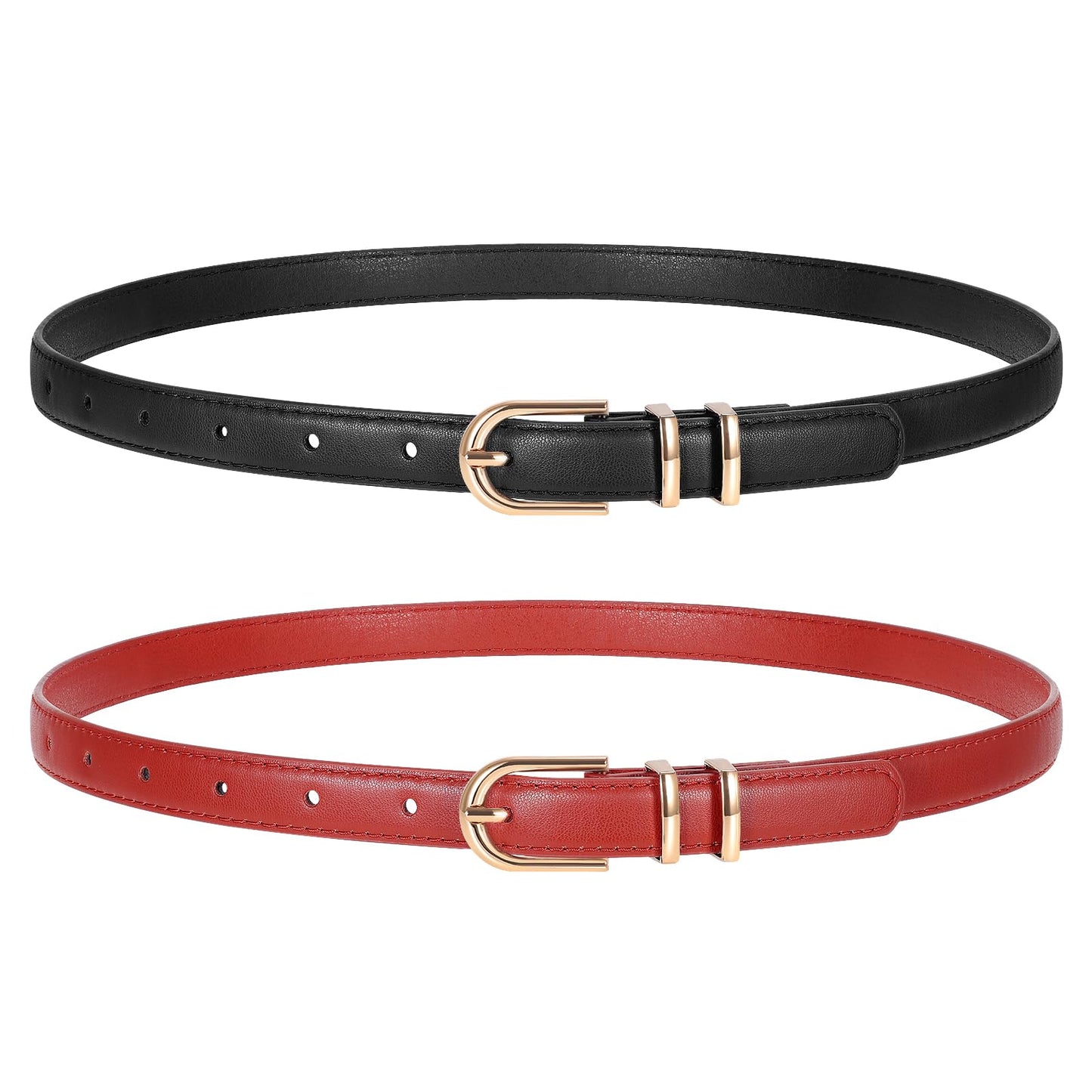HOTTRIWORKS 2 Pack Women Skinny Leather Belts for Jeans Pants Thin Faux Leather Belt with Gold Buckle