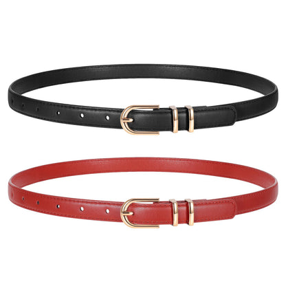 HOTTRIWORKS 2 Pack Women Skinny Leather Belts for Jeans Pants Thin Faux Leather Belt with Gold Buckle