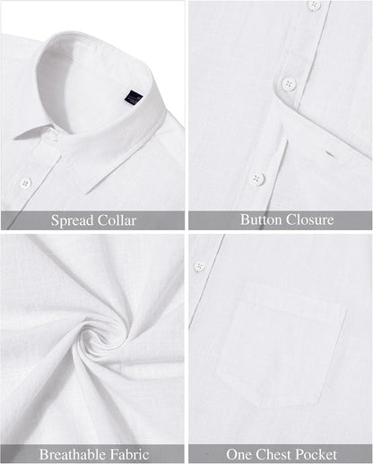 HOTJ.VER Mens Linen Shirt Short Sleeve Button Down Casual Summer Shirts | Cotton Linen, Untucked, Big Tall, from Beach Camp Vacation, Cruise Fishing, Work Office, to Wedding Party Family, with Pocket