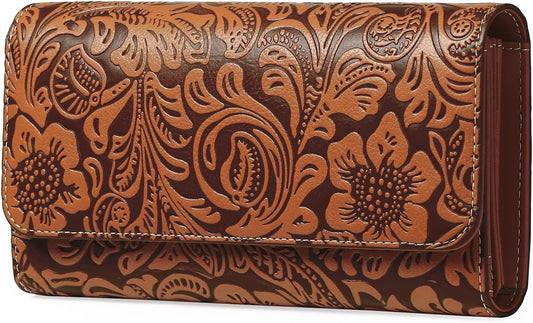 HOTGOIACII Leather Wallets for Women RFID Blocking Western Clutch Brown | Embossed Design, Trifold, Large Billfolds, Vintage Flower, Ladies Purses with Zipper Coin Pocket