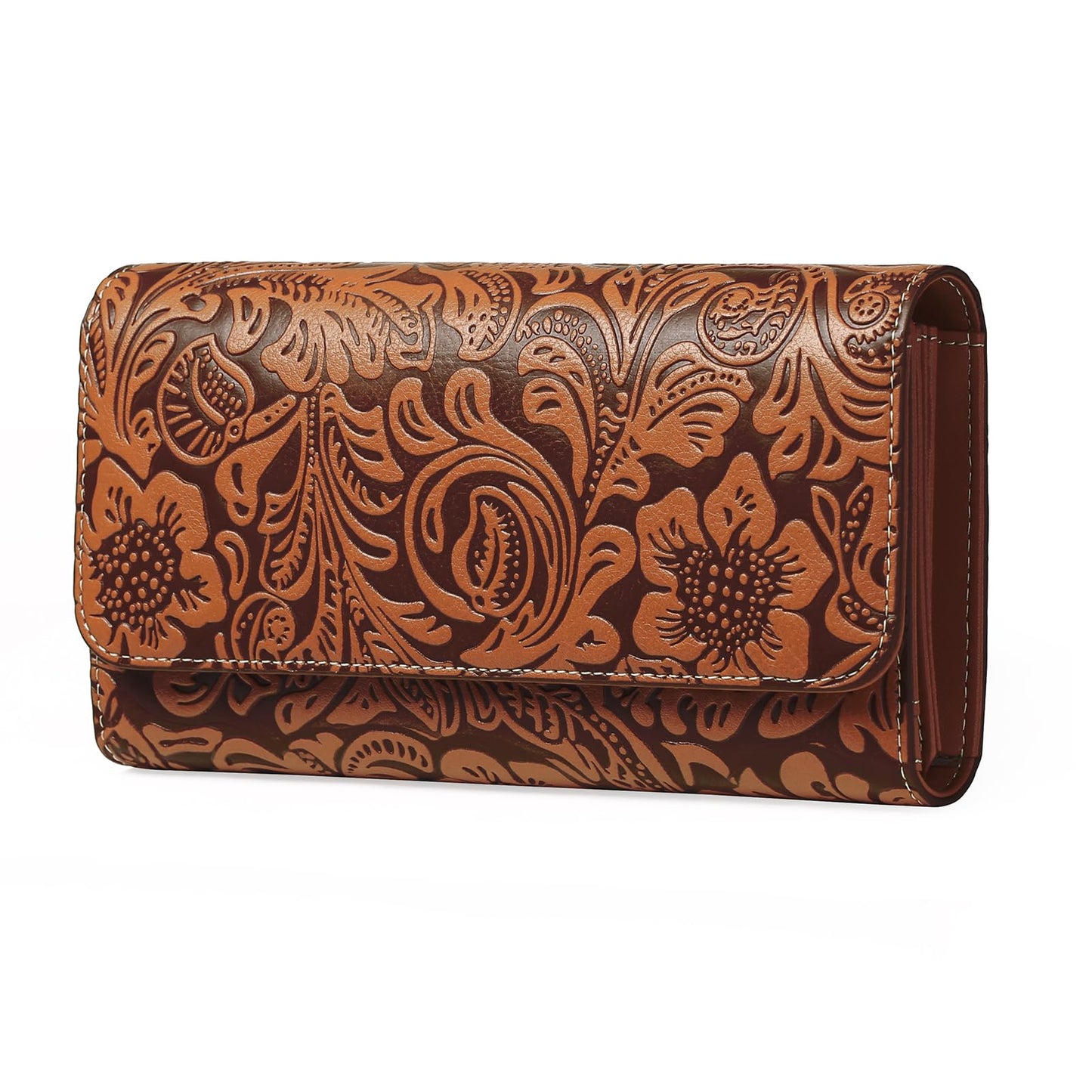 HOTGOIACII Leather Wallets for Women RFID Blocking Western Clutch Brown | Embossed Design, Trifold, Large Billfolds, Vintage Flower, Ladies Purses with Zipper Coin Pocket
