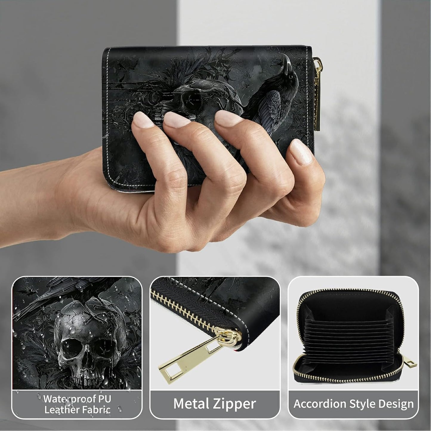 HOTCute Credit Card Holder with Zipper, Crow Skull RFID-Blocking Card Case Small Wallet for Women Men, Multi-slot Card Organizer Case Travel Accordion Wallet