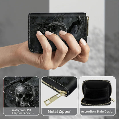 HOTCute Credit Card Holder with Zipper, Crow Skull RFID-Blocking Card Case Small Wallet for Women Men, Multi-slot Card Organizer Case Travel Accordion Wallet