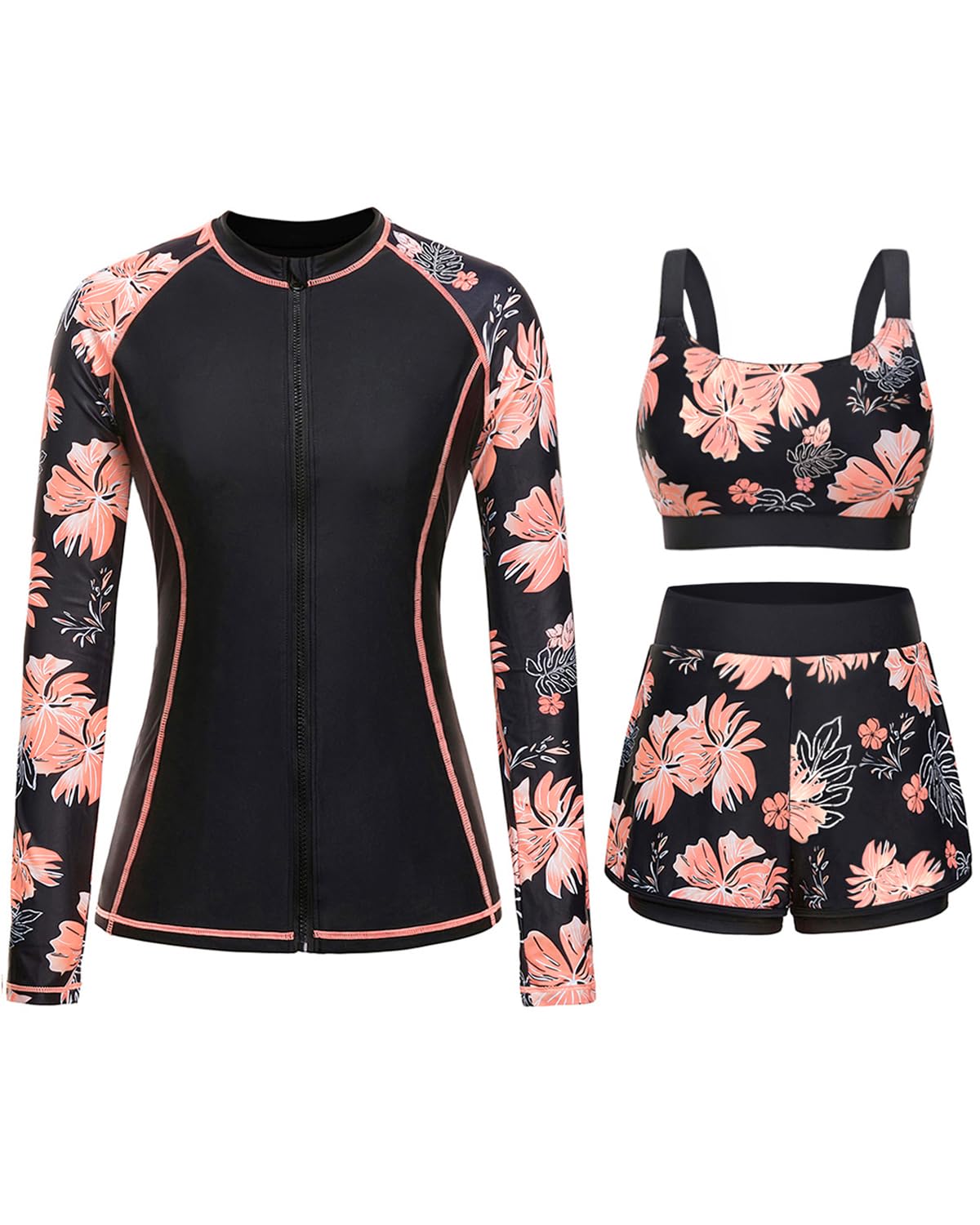 HOTDaci 3 Piece Rash Guard Set with 3'' Shorts | UPF 50+ Sun Protection, Long Sleeve Swim Shirt, High Rise, Built-in Bra, Removable Pads, for Beach, Pool, and Surfing