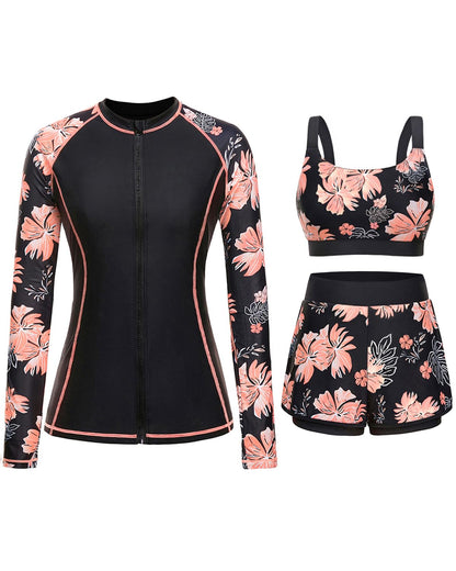 HOTDaci 3 Piece Rash Guard Set with 3'' Shorts | UPF 50+ Sun Protection, Long Sleeve Swim Shirt, High Rise, Built-in Bra, Removable Pads, for Beach, Pool, and Surfing