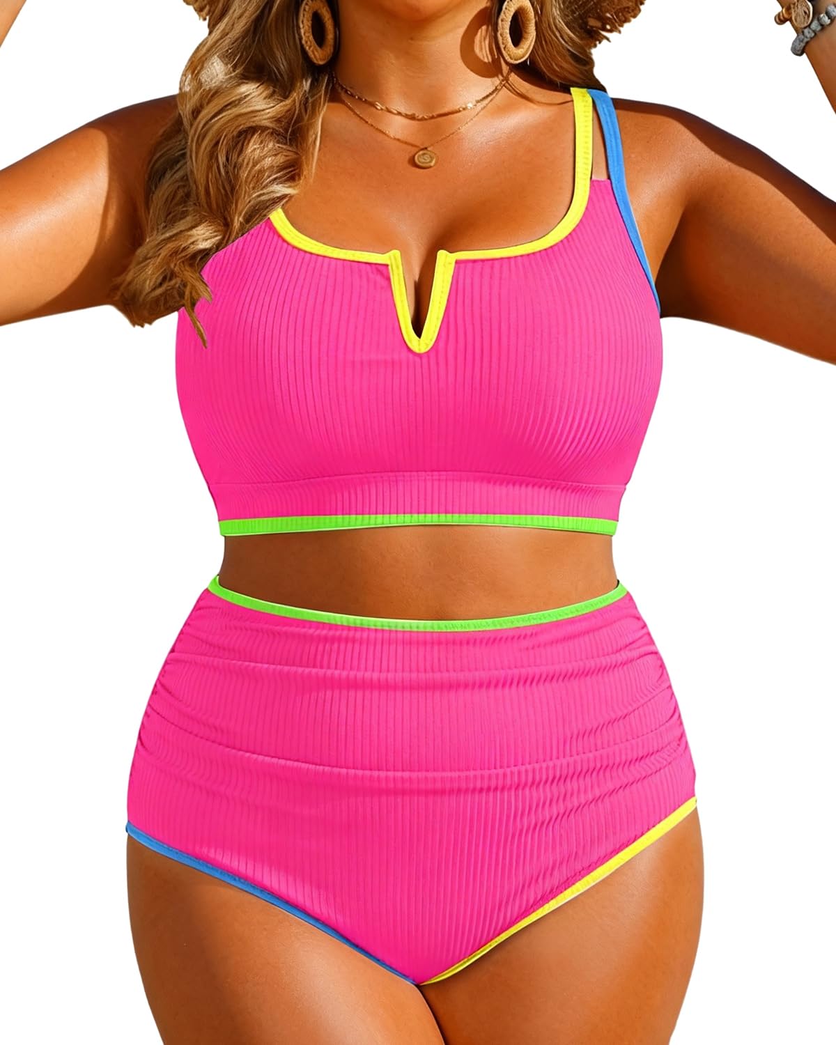 HOTWomen Plus Size High Waisted Bikini Ribbed Two Piece Tummy Control Swimsuit | V-Wired Bathing Suit, Adjustable Straps, Full Coverage, Full Lining