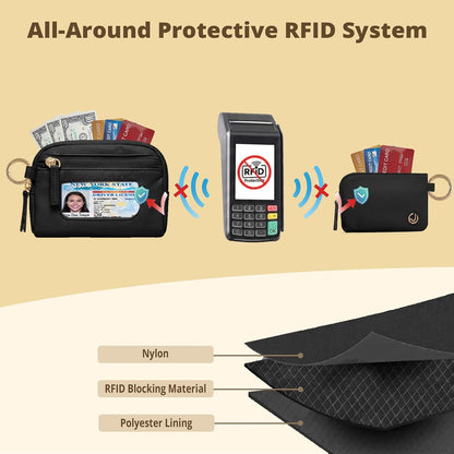 HOTDual Pouch Wristlet Keychain Wallet for Women, Coin Purse with RFID Blocking, Nylon Phone Wallet & Card Holder