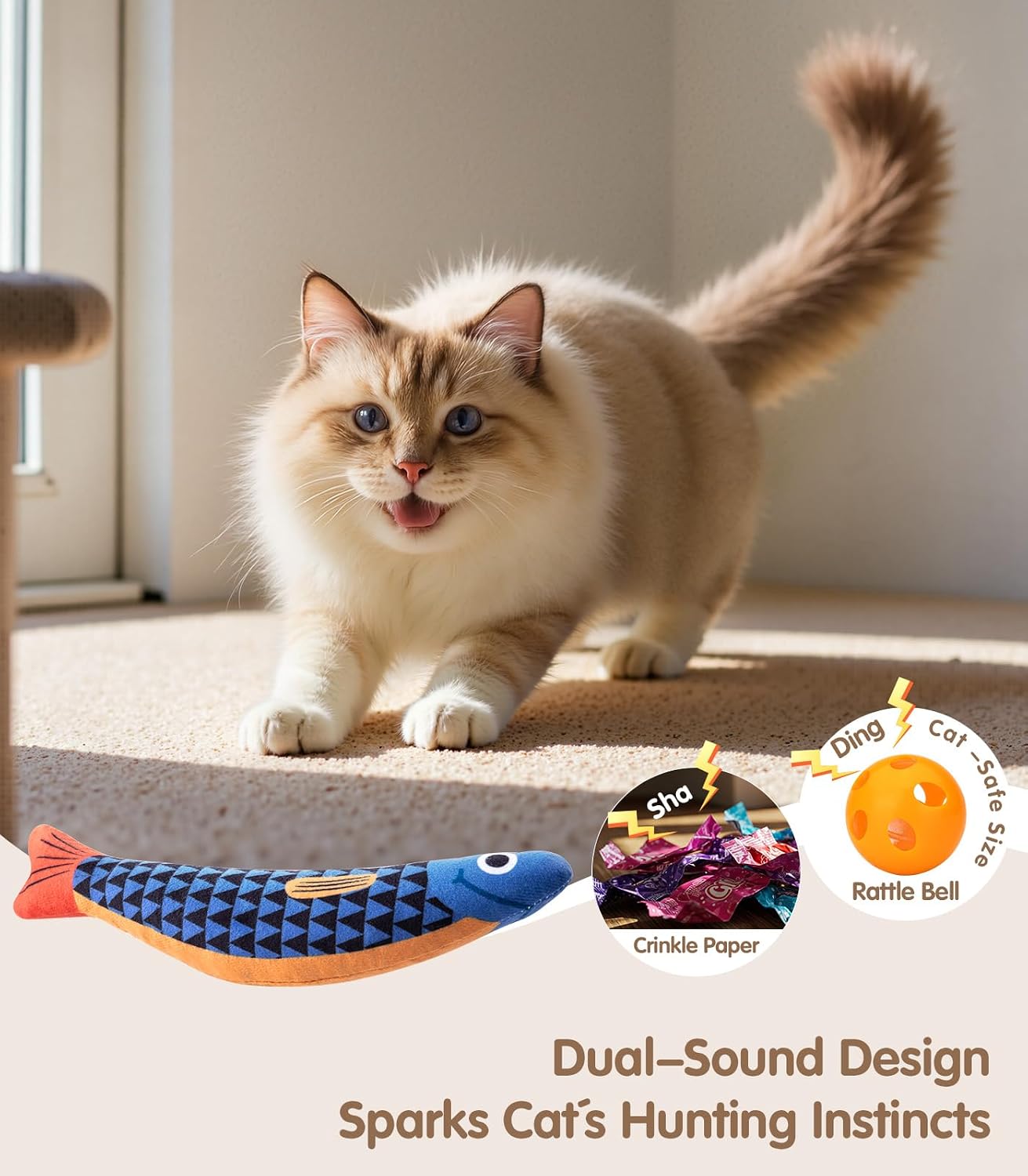 HOTPetBusy Cat Toys with[5000mg A+Natural Catnip &Silvervine] [Baby Grade] Interactive Soft Chew Kicker Cat Toys for Indoor Cats & Kittens, [Crinkle &Bell] Fish Sound Toy, Drives Bored Cat Crazy with Fun