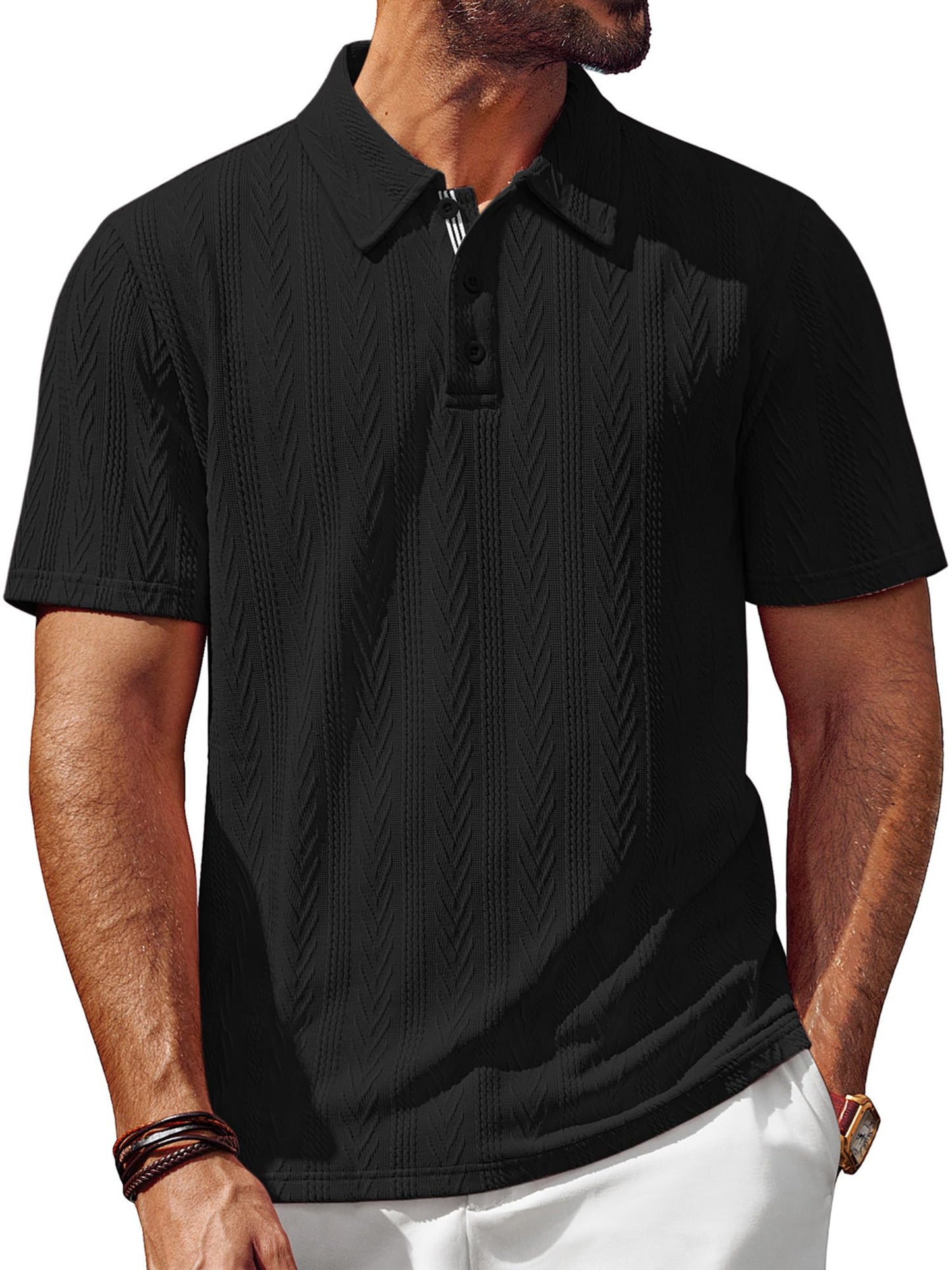 HOTPJ PAUL JONES Mens Polo Shirts Short Sleeve Knit Polo | Textured Knit Polo Shirt, Contrast Striped Placket, Golf Collared, Regular Fit, Stretchy, Wrinkle-free, Breathable, Old Money