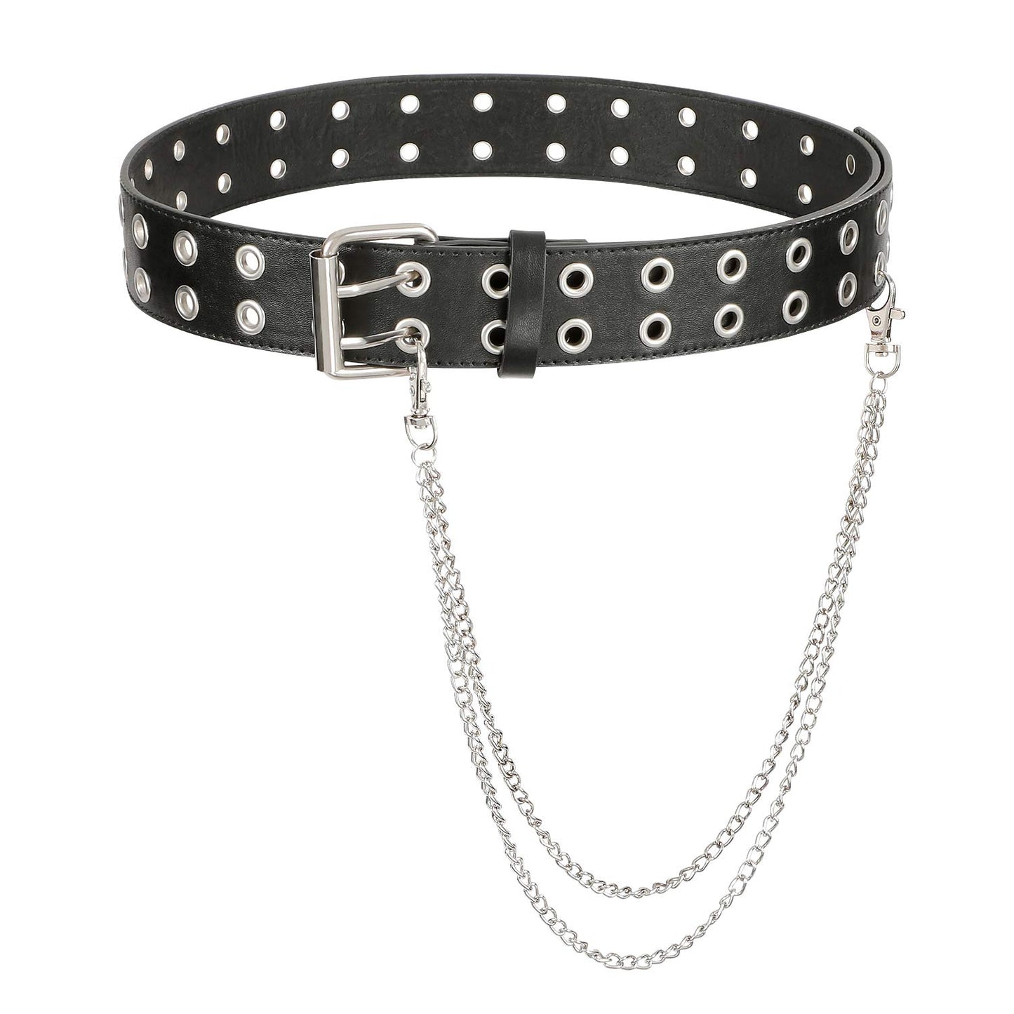 HOTXZQTIVE Double Grommet PU Leather Belt for Women Men Punk metal Jean Belt Wide 1.5 Inch