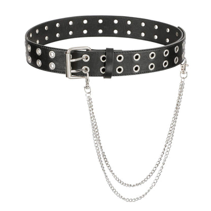 HOTXZQTIVE Double Grommet PU Leather Belt for Women Men Punk metal Jean Belt Wide 1.5 Inch