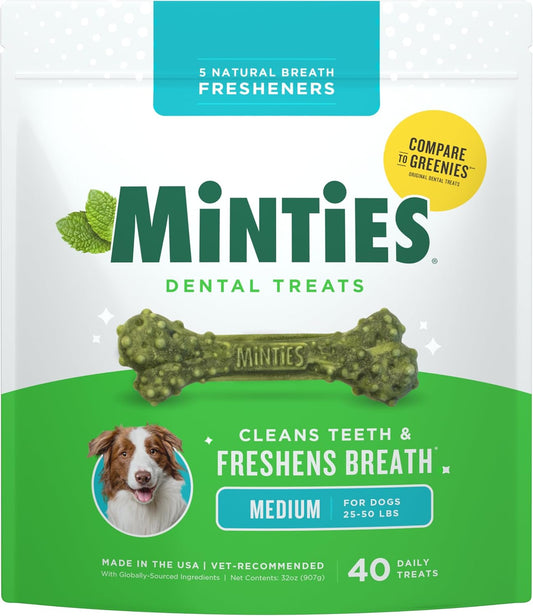 HOTMinties Dental Chews for Dogs, 40 Count, Vet-Recommended Mint-Flavored Dental Dog Treats for Medium Dogs, Bones Clean Teeth, Fight Bad Breath, and Removes Plaque and Tartar